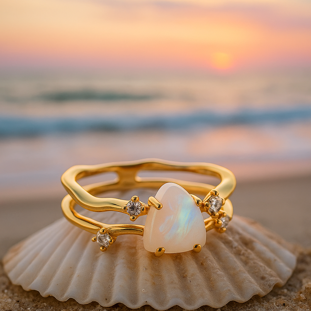 Alba de Mar | Anillo Dorado con Piedra de Luna y Plata de Ley 925