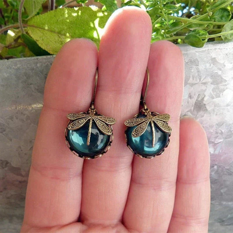 Diseño libélula – Pendientes en oro antiguo con cristal